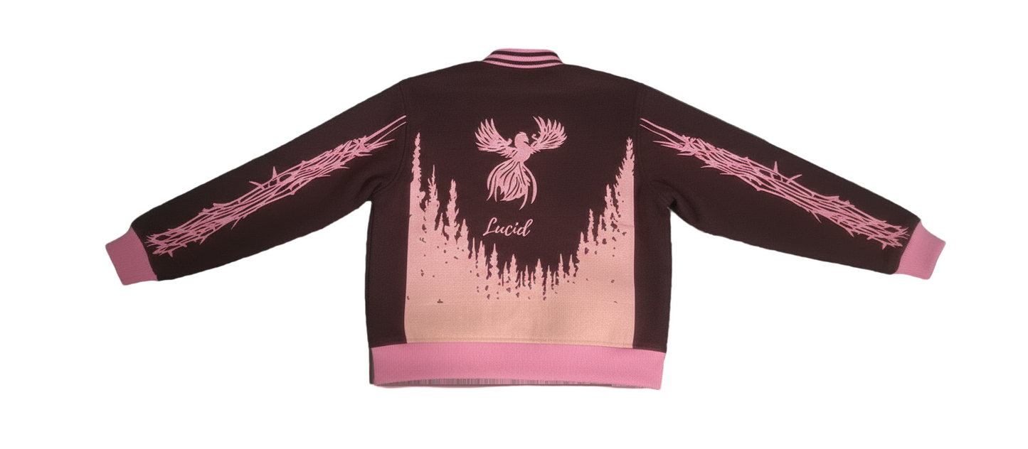 lucid varsity jacket mocha brown and pink