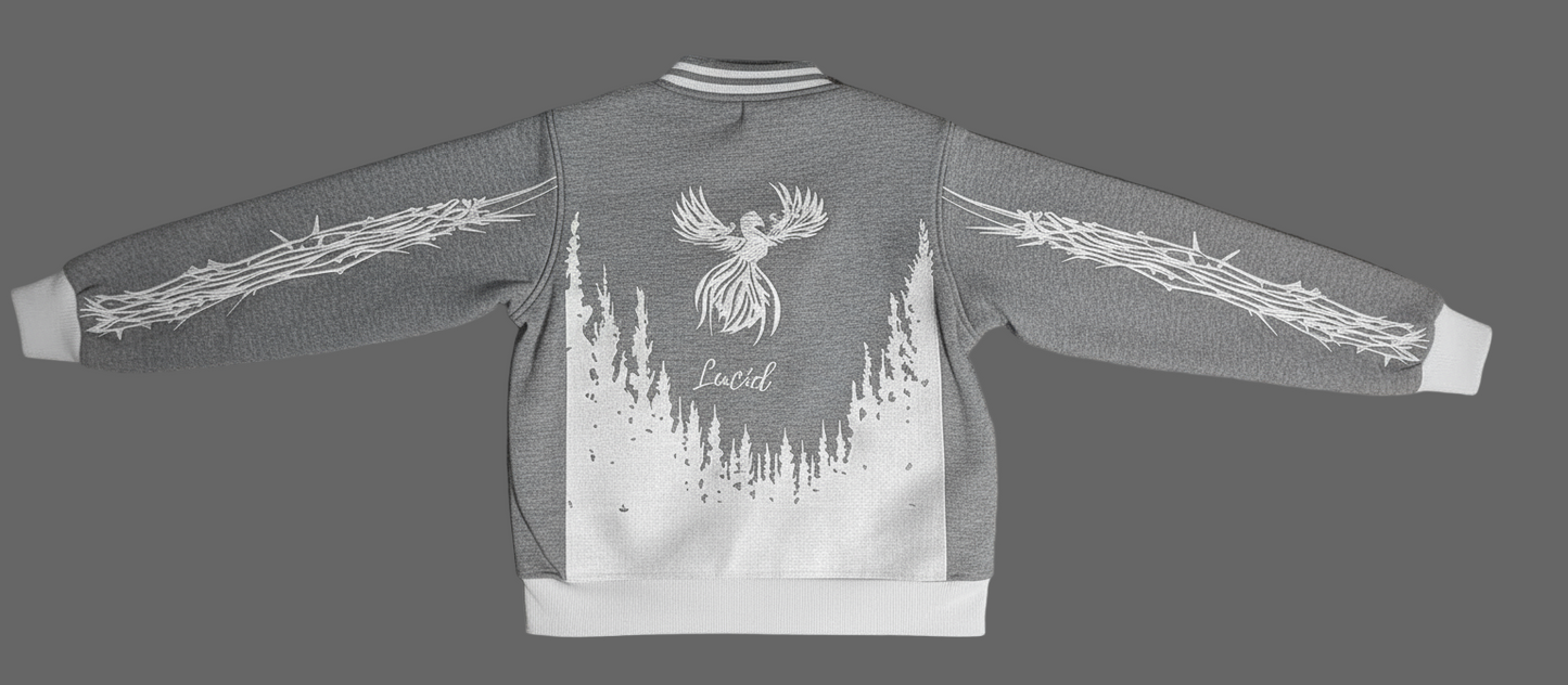 lucid varsity jacket gray and white