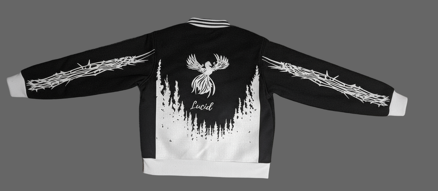 lucid varsity jacket black and white