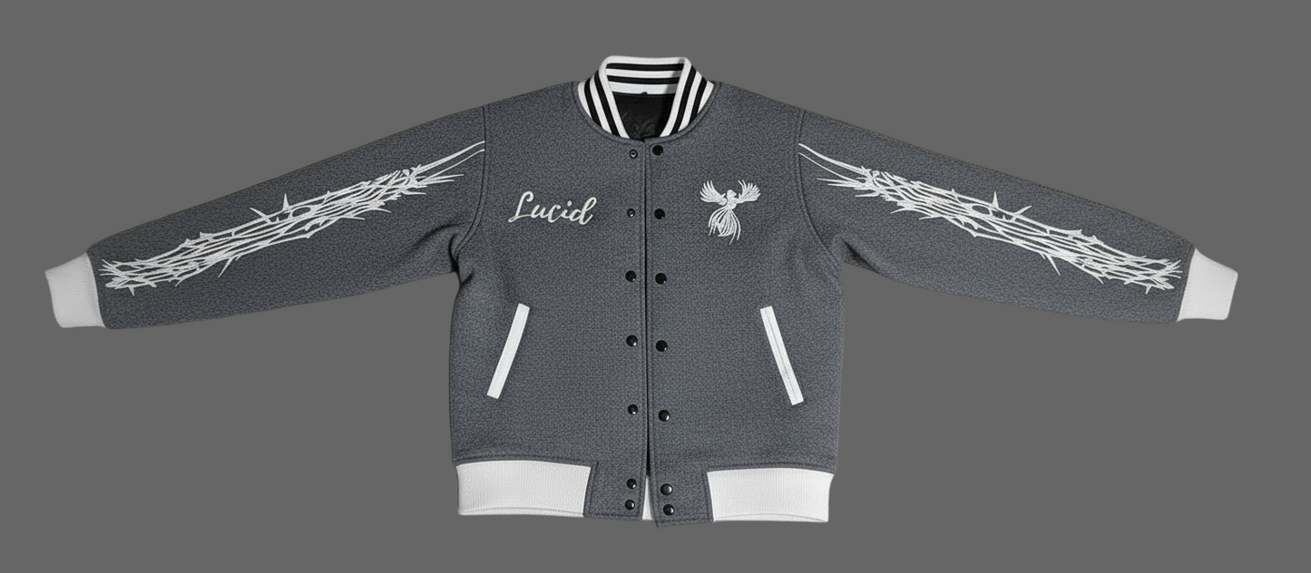 lucid varsity jacket gray and white