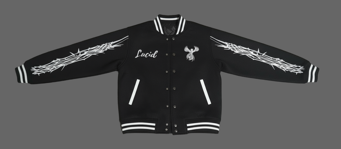 lucid varsity jacket black and white