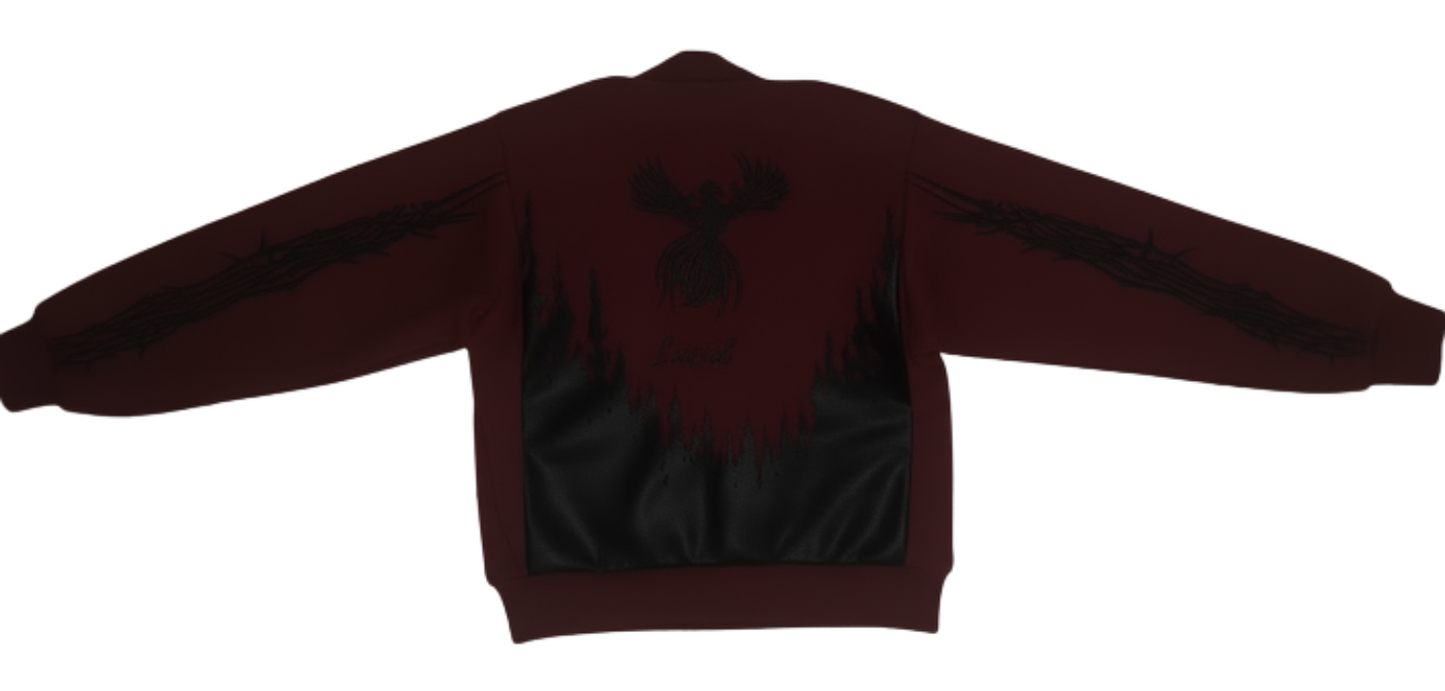 lucid varsity jacket dark red and black