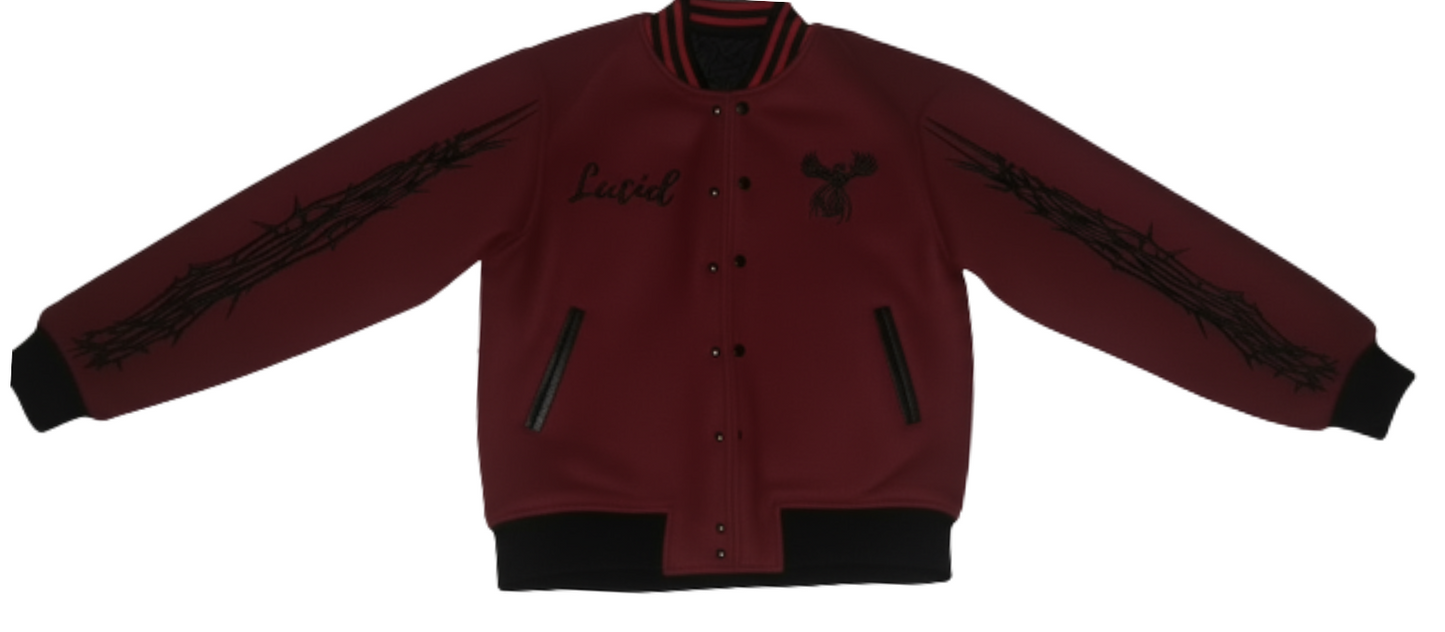 lucid varsity jacket dark red and black