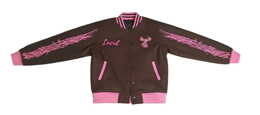 lucid varsity jacket mocha brown and pink
