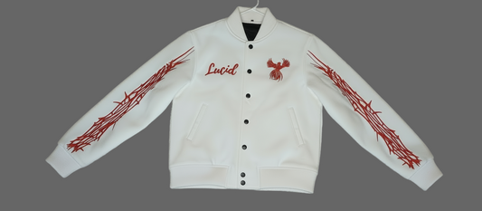 lucid varsity jacket frost white and black