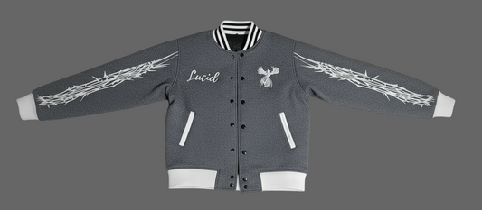 lucid varsity jacket gray and white