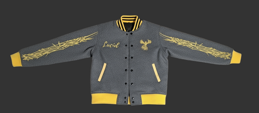 lucid varsity lucid varsity jacket  jacket gray and yellow