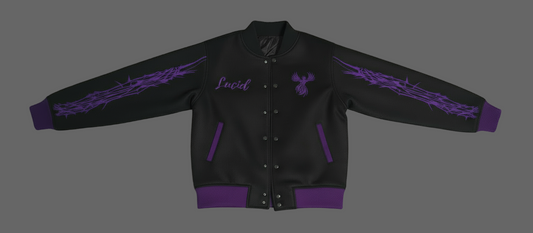 lucid varsity jacket black and purple