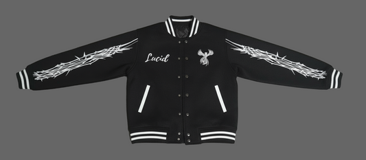 lucid varsity jacket black and white